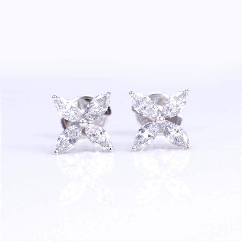 Marquise Diamond Flower Stud Earrings in 9K White Gold — product view 1