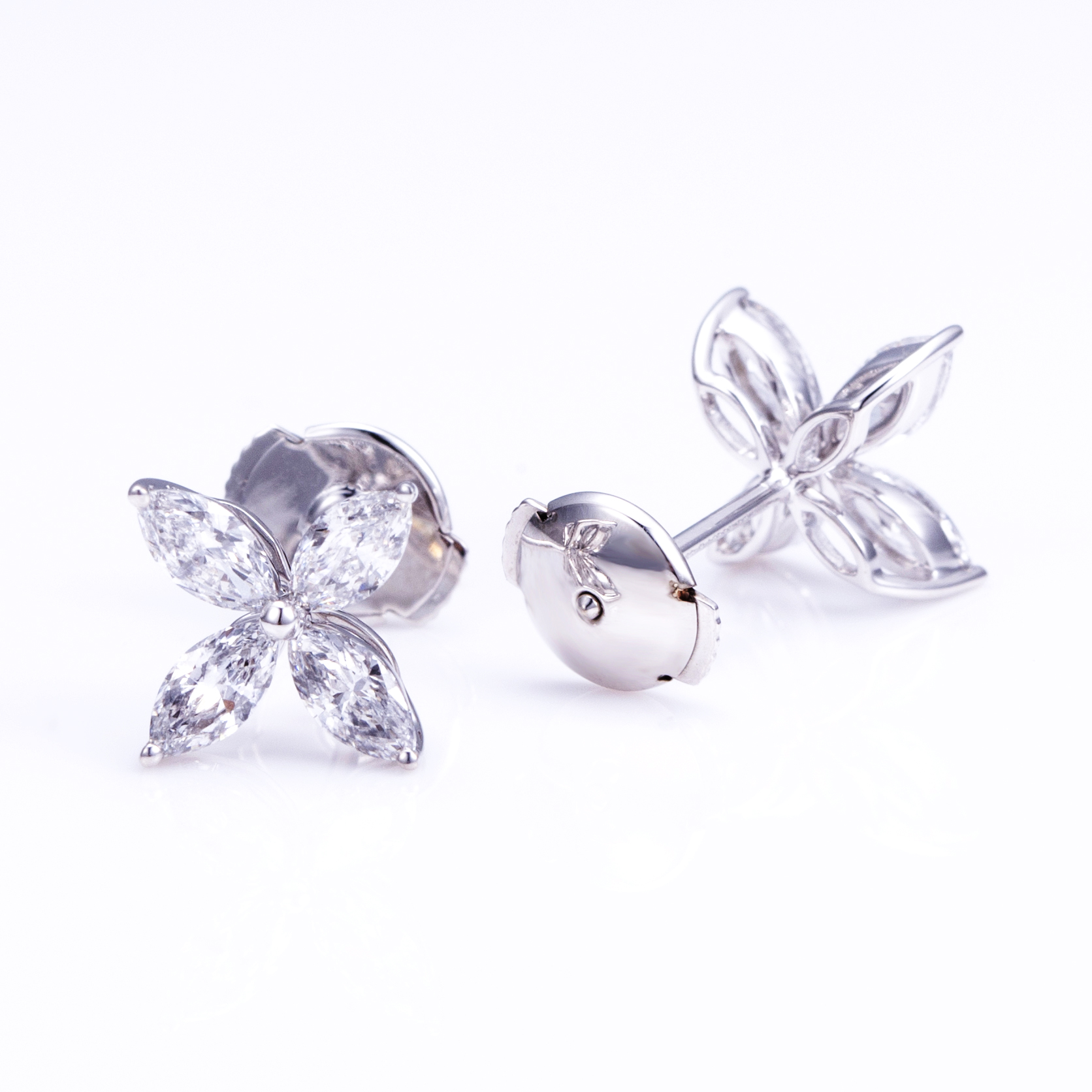 Marquise Diamond Flower Stud Earrings in 9K White Gold — product view 2