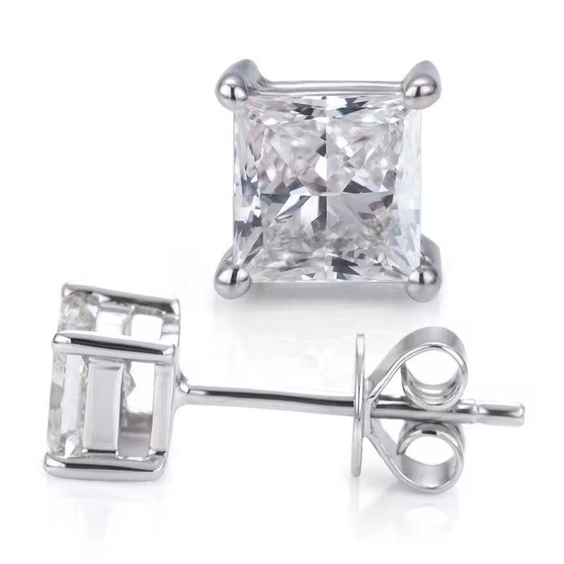 9K White Gold Princess-Cut Diamond Stud Earrings - 2.07ct Total