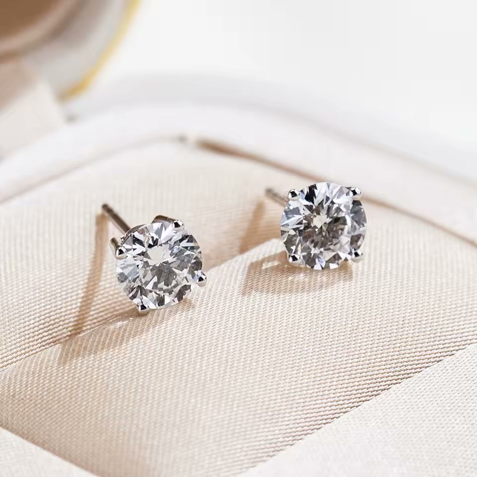 9K White Gold Round Diamond Stud Earrings - 5.5mm, 1.34ct Total
