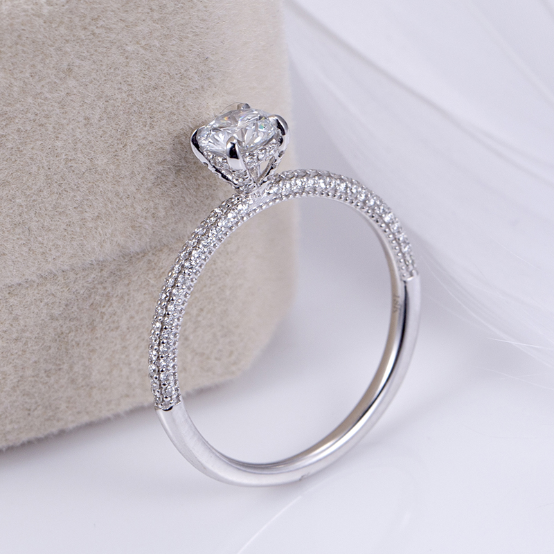 Slim Pavé Diamond Solitaire Ring in 9K White Gold — 0.60ct Centre — product view